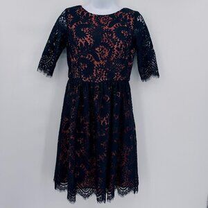Shoshanna Designer 3/4 Sleeve Black Lace Over Coral Lined Dress Women's 2